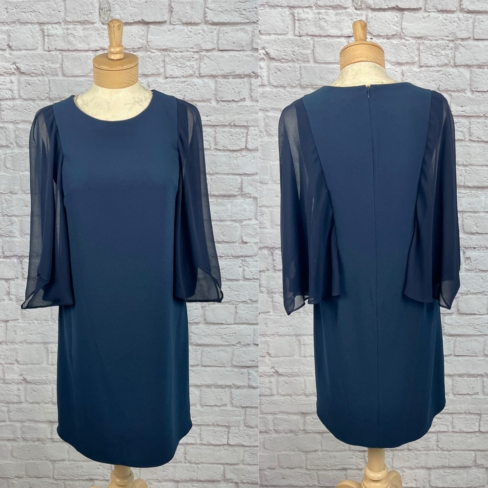 Halston Navy Blue Flowy‎ Sleeve Shift Dress Size 6